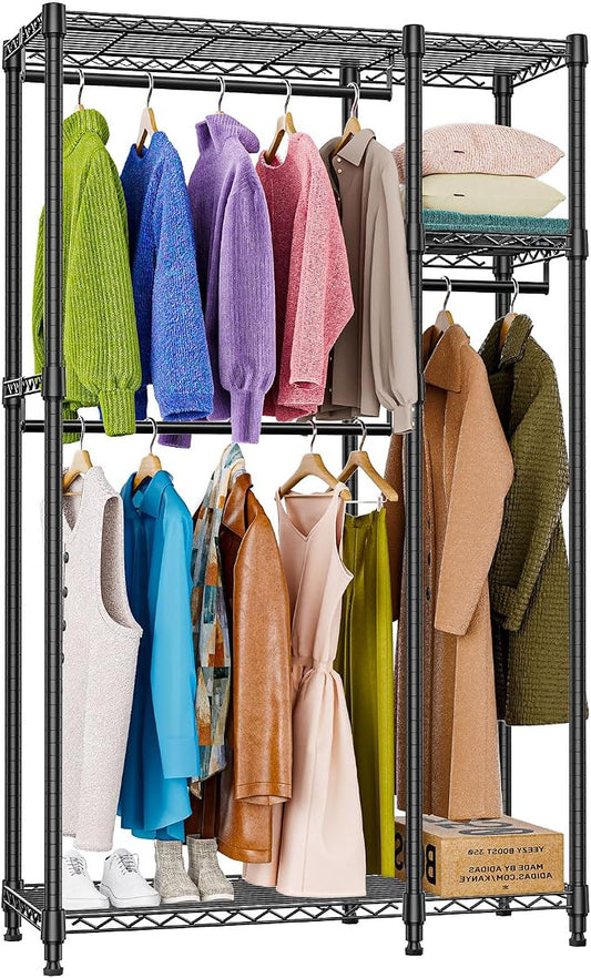 M MZG Heavy Duty Rolling Garment Rack 3 Tiers Adjustable Wire Shelving Clothes Rack with 3 Rods and Side Hooks,Storage Closet Clothing Rack Black 15.7" D x 43.3" W x 76.5" H