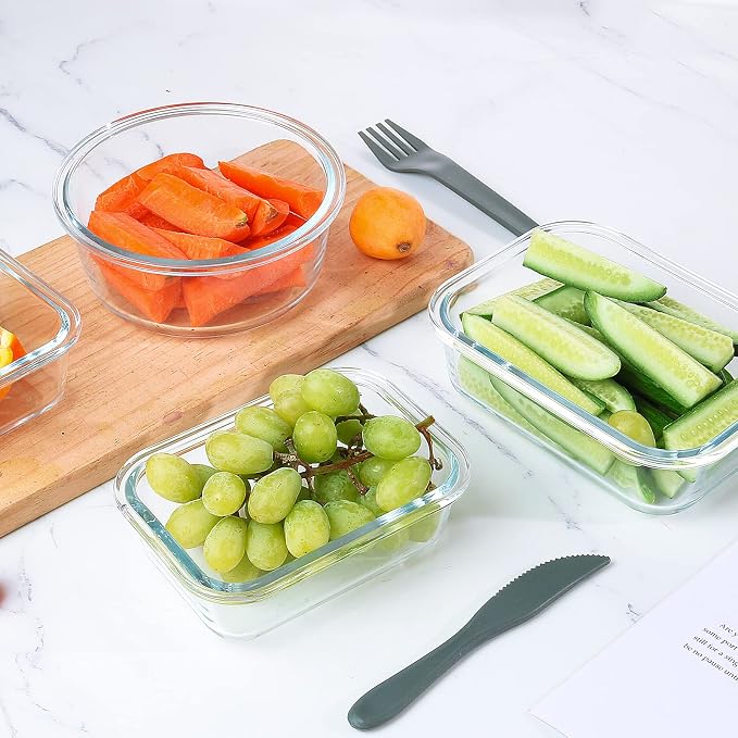 24 Pieces Glass Food Storage Containers Set, Gray | Meal Prep Containers, BPA-Free, Airtight Glass Storage Containers with Lids,Freezer, Microwave and Oven Safe