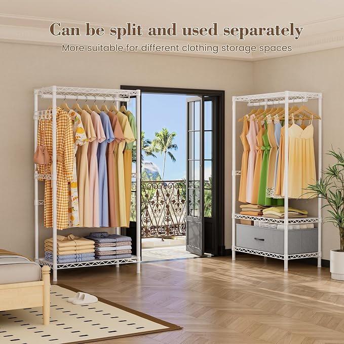 Golpart Heavy Duty Clothing Rack with Adjustable Shelves Clothes Wardrobe | Coat Rack Metal Closet Organizer and Storage Garment Rack for Hanging Clothes Wire Portable Cloth System Free Standing White