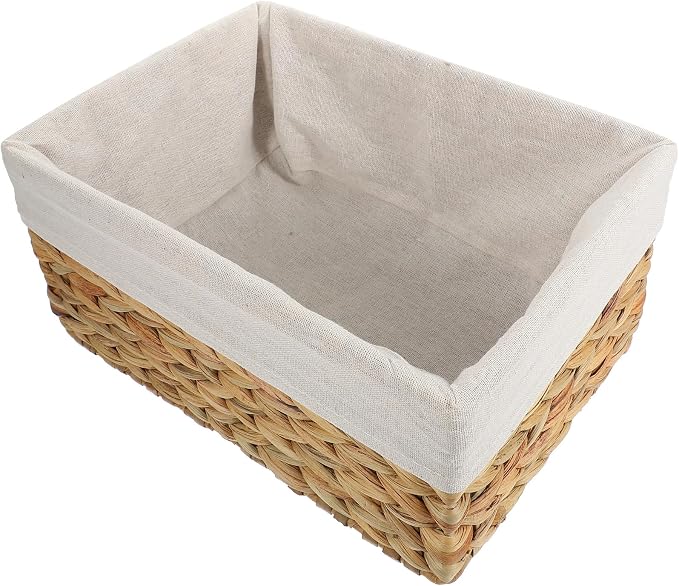 Toyvian Woven Storage Basket with Liner, Handwoven Straw and Seagrass Desktop Organizer, Decorative Sundries Container for Home Shelves and Household Storage