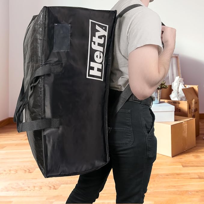 Hefty Moving Bag – Extra Large Double Zipper Backpack – Heavy Duty, Water Resistant, Foldable, Reusable Packing & Storage Tote with Shoulder Straps for Garage and Basement Organization – 2 Pack