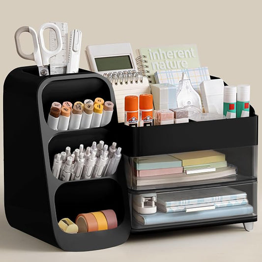 HBlife Desk Organizer with Pen Pencil Holder for Desk, Pen Organizer with 2 Drawers, Desk Organizers and Accessories with 4 Compartments, Desktop Storage for Office Home School Art Supplies, Black