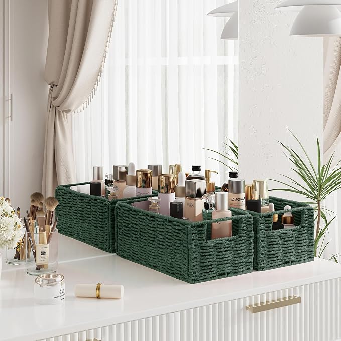 Vagusicc Wicker Storage Basket, Set of 2 Hand-Woven Paper Rope Wicker Basket, Small Storage Baskets for Organizing Toilet Paper, Foldable Small Cube Organizer Bins for Shelves and Bathroom (Green)