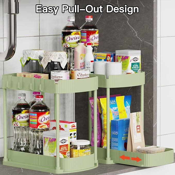 Ukeetap 2 Pack Multi-Purpose Pull-Out Storage Organizers, Under Sink Organizers and Storage for Bathroom & Kitchen, Under Cabinet Organizers and storage, 14.8 Inch, Green