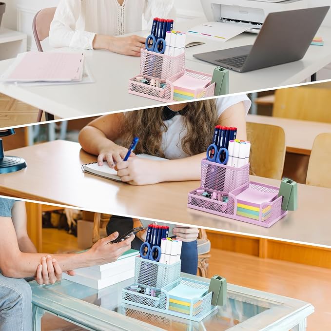 M&G Mesh Pen Holder Desk Organizers Pencil Holder for Desk Light Blue, 3 Compartments Metal Office Supply Organizer with Sticky Notes Holder for Home Office