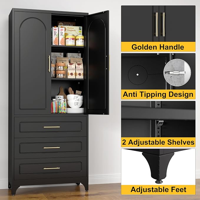 SteeLoong 75”Kitchen Pantry Cabinet, Metal Storage Cabinet with 3 Drawers | Black Pantry Cabinets for Kitchen Storage with 2 Adjustable Shelves,Tall Freestanding Cupboard for Living Room,Kitchen,Garage