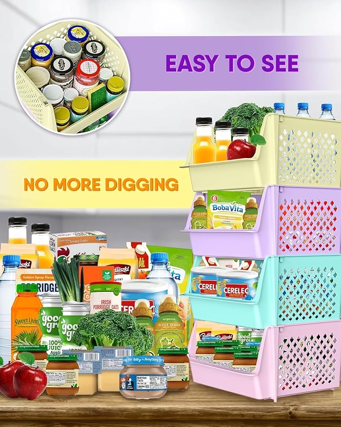 Large Stackable Storage Bins Open Front for Pantry Storage, 8 Pack - Multi | Sturdy Plastic, Easy Stacking, Open Front Access, Ventilated Sides, Vertical & Space Saving Pantry Organizers and Storage Bin