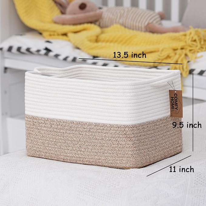 COMFY-HOMI 3PACK Cotton Rope Square Basket with Handles for Shelves| Storage|Baby Basket for GIF|Shoe Basket for Organizing|New13.5" x 11" x 9.5" for Living Room