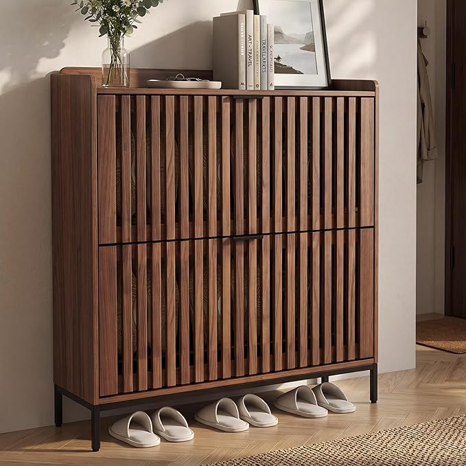 Shoe Cabinet for Entryway, Slim Freestanding Shoe Rack Organizer with 2 Flip Drawers, Narrow Hallway Storage Cabinet with Breathable Doors, Classic Walnut