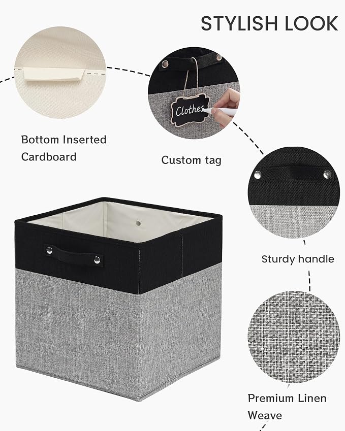 FinishingBo 13 inch Cube Storage Bins with Handles 4 Pack | Foldable Linen Storage Baskets, Closet Organizers, Shelf Baskets, Black Grey