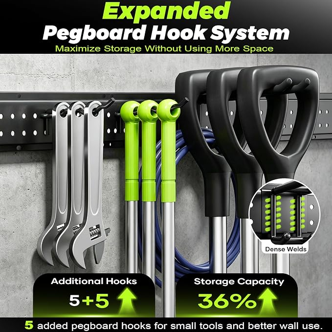 Garage Tool Organizer Wall Mount, 49.5 Inch Heavy Duty Garage Organization System with 10 Adjustable Hooks, Garden Tool Storage Rack for Garage, Yard & Shed, Holds Up to 400 lbs