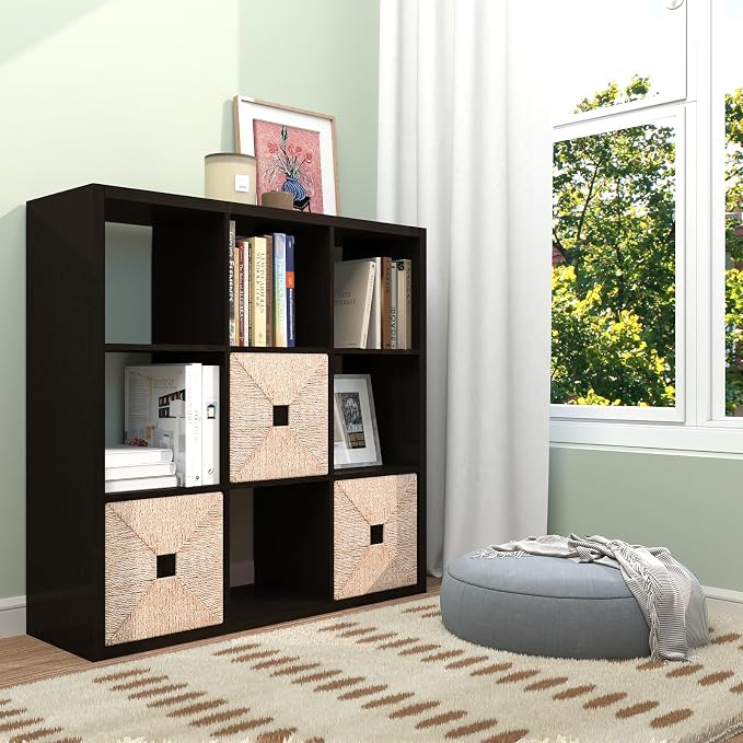 [2026 Wooden Thick Frame 9 Cube Storage Organizer Shelf with Anti-Tipping Kits + Reversible Open Back Bookcase, Horizontal and Vertical Dual-use（Chocolate,11inch）