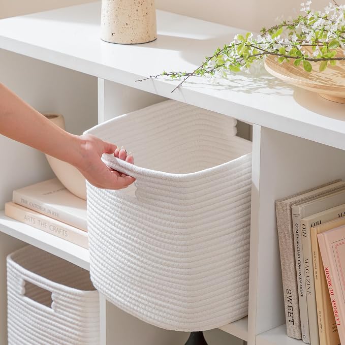 UBBCARE Set of 4 Cotton Rope Basket 13 X 13 X 13 Inches, Woven Storage Baskets for Shelves, Organizing with Handles, Cube Storage Bins for Storage Books, Magazines, White