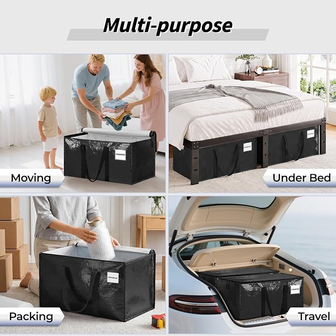 8 Pack Extra Large Clothes Storage Bins with Lids, Storage Bags with Reinforced Handles & Heavy-Duty Zippers, Moving Bags, Moving Boxes Totes for Clothes Packing, Dorms, College Supplies, Black