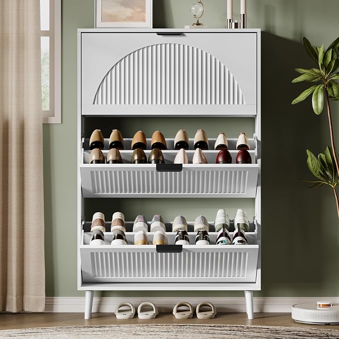 Xixini Shoe Storage Cabinet with 3 Flip Drawers, 50" Tall Narrow Wood Fluted Shoe Organizer for Entryway, Freestanding Wooden Hidden Slim Shoe Rack for Front Door Entrance, Hallway, Foyer, Solid White