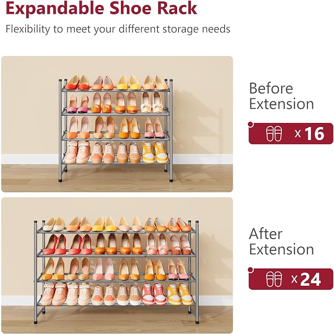 Expandable Shoe Rack for Closet 4 Tier, 28“-41“Stackable, Grey | Adjustable Shoe Organizer Closet Shoe Rack Floor, Metal Shoe Shelf Storage for Entryway, Closet, Garage, Front Door Entrance