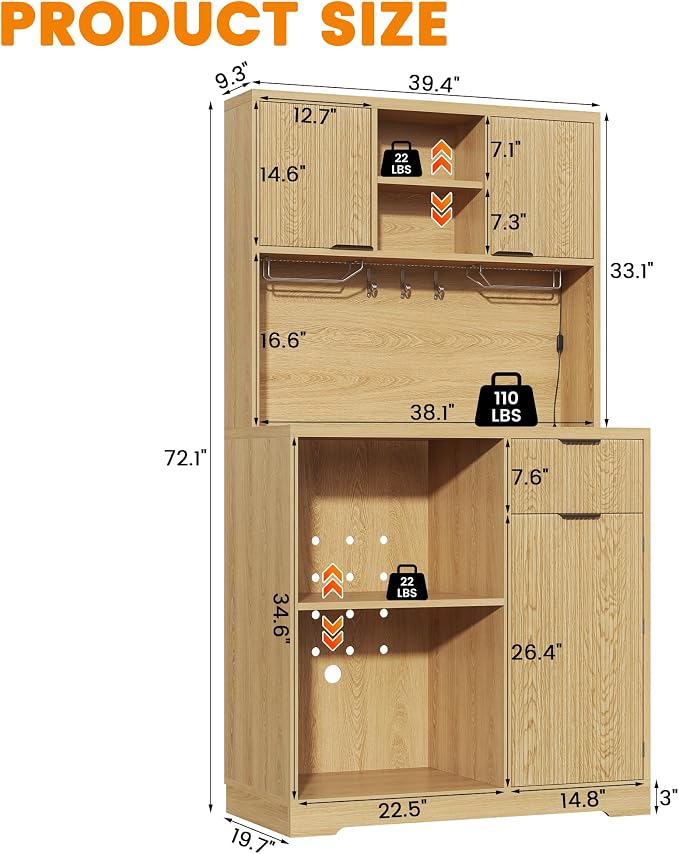 kepptory 72" Mini Fridge Cabinet with Storage, Coffee Bar Cabinet with Mini Fridge, Tall Coffee Bar Station with RGB LED Light, Wine Glass Holder, for Home Kitchen Living Room, Retro