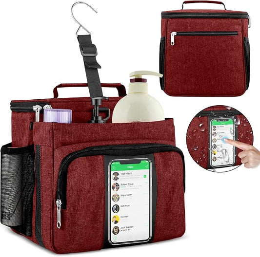 Bukere Portable Shower Caddy College Dorm Room Essential, Shower Caddy Tote Bag for Student, Girl, Women, Separate Compartment, Large Capacity, Quick Dry Mesh Base for Travel, Gym, Camp, Red