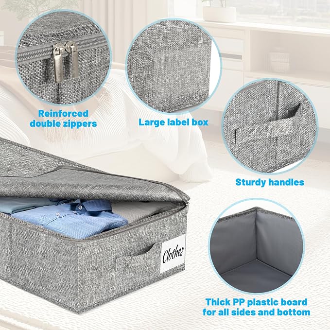 Under Bed Storage Container Bins 2 Pack, 4.5 Inch Slim Low Profile Underbed Clothes Storage Organizer for Dorm & Home, Use for Blanket and Toy Storage Box W/ Sturdy Bottom/Sides, Foldable Thick Fabric