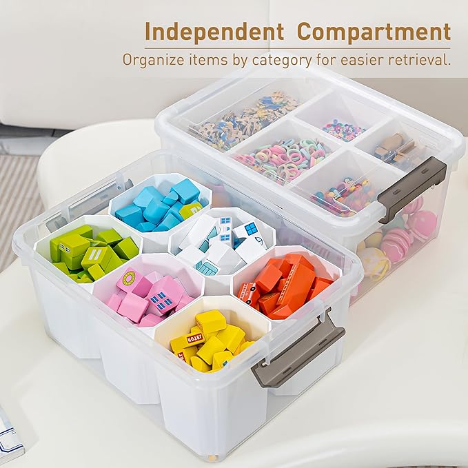 Citylife 17QT 2Packs Clear Craft Organizers and Storage Bins with Lids | Stackable Art Supply Organizer with Tray and 6 Inserts for Markers, Crayons, Pencils, Tools, Playdoh, Coloring Books