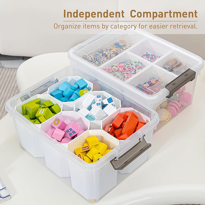 Citylife 17QT 4Packs Clear Craft Organizers and Storage Bins with Lids | Stackable Art Supply Organizer with Tray and 6 Inserts for Markers, Crayons, Pencils, Tools, Playdoh, Coloring Books