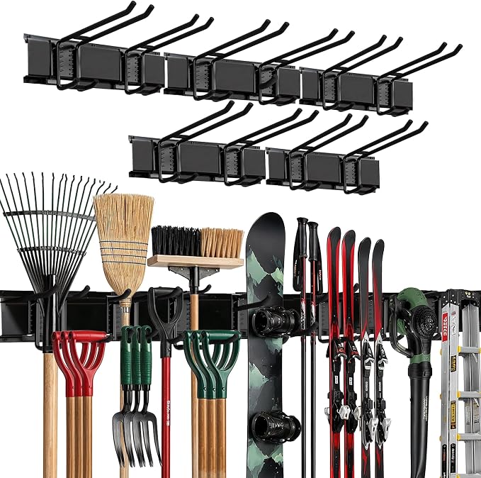 TIDYME Garage Wall Organizer, Shovel Holder Wall Mount, 80" Double Hooks | 500 lbs, adjustable double-layer tool hangers for garage wall, holds ladders, shovels, rakes, hoses & power tools