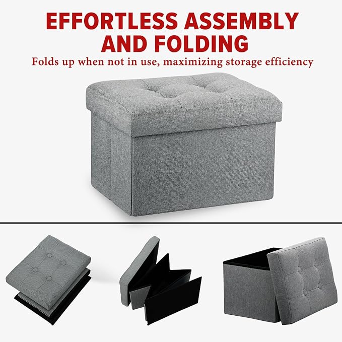 LINMAGCO Ottoman Storage Ottoman with Storage Small Foot Rest Stool Under Desk Stool Short Folding Footrest Linen Cloth Light Gray 16X12X12IN