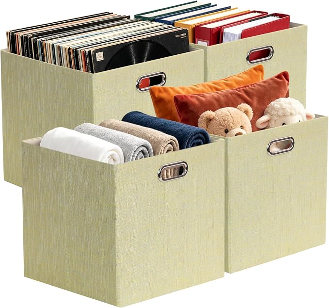 Posprica Storage Cubes, 13 x 13 x 13 Inches Fabric Bins with Double Handles，Cubes Basket Containers, For Shelf Cabinet Bookcase, Closet Organizers for Shelves, Foldable-Set of 4, Yellow/Beige mixed