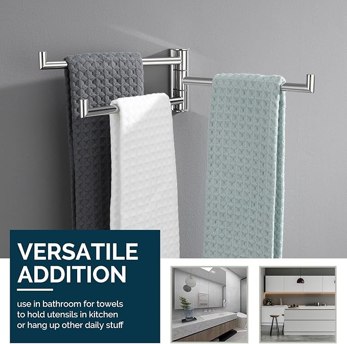 Angle Simple Swivel Hand Towel Rack, Foldable 3 Bars, Polished Chrome | Solid SUS304 Stainless Steel, Kitchen Towel Holder, Triple Arms Space Saving, 9.84"