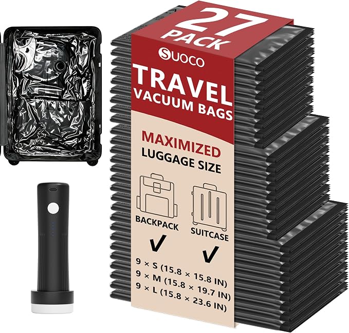 Travel Vacuum Bags for Clothing with Rechargeable Pump 27 Combo, Black | Compression Packing Cubes Organizer Storage for Luggage Suitcase, Space Saver Seal Bags for Vacation Cruise