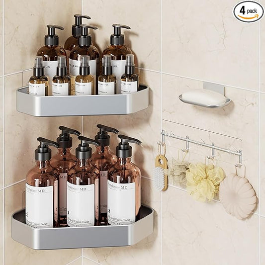 Veken Aluminum Corner Shower Caddy 4-Pack, Never Rust&Large Capacity,Silver | No Drilling Shelves, Rack with Soap Holder&Towel Bar, Super-Strong Adhesive for High Load, Bathroom Organizers and Storage