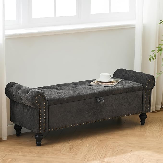 55" Storage Bench for Bedroom, Upholstered Ottoman Bench, Chenille DarkGray | End of Bed Bench for Bedroom, Window Benches for Living Room, Entryway, Ottoman with Large Storage Space, Pet Friendly