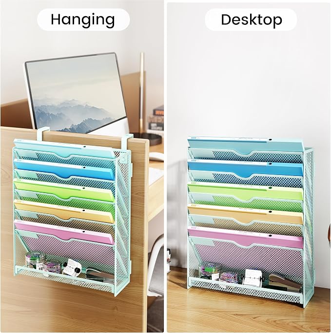 Hanging Wall File Organizer, 6-Tier Desk Organizer with Metal Mesh | Foldable Document Organizer for Office Desk, Wall Mount Magazine Rack for Mail/Books/Tablet, Mint Green