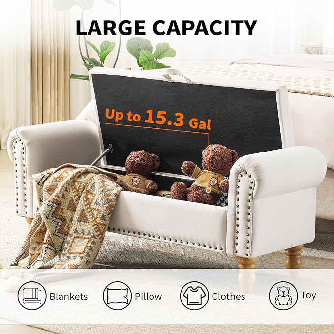 55" Bench for End of Bed Storage Benches, Queen End of Bed Bench Corduroy Upholstered Storage Ottoman Window Bench with Storage, for Bedroom, Entryway, Closet, Off-White