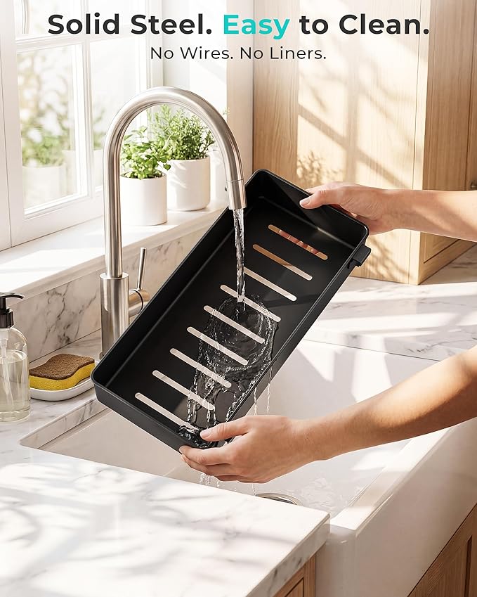 EVERIE Metal Pull Out Slide Shelf Organizer for Under Sink Organization in Kitchen, Bathroom, Counter, Cabinets, Minimum Available Space 13" Wide x 16.5" Deep (Black, 1 Set)