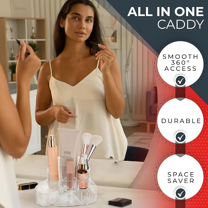 Masirs Small 360 Rotating Makeup Organizer, 5 Compartments, Square Clear | Small 360 Rotating Makeup Organizer, 5 Compartments, Acrylic Mini Lazy Susan, Vanity Bathroom Counter, Square Clear