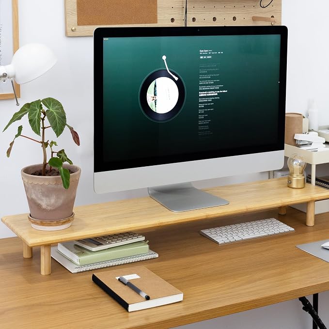Bamboo Dual Monitor Stand Riser, Natural Desk Shelf with Storage | 39.37-Inch Wide, 3.5-Inch Clearance, Fits Keyboards, Soundbars and Two 24-Inch Monitors for Home Office