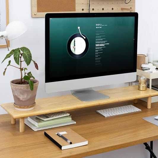 Bamboo Dual Monitor Stand Riser, Natural Desk Shelf with Storage | 39.37-Inch Wide, 3.5-Inch Clearance, Fits Keyboards, Soundbars and Two 24-Inch Monitors for Home Office