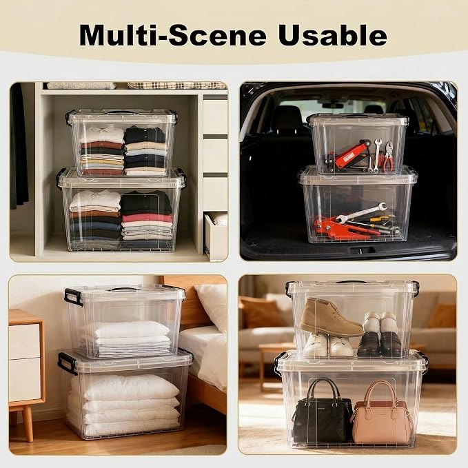6 Pack Plastic Storage Bins with Lids | Clear Stackable Bins with Secure Latches and Handles Heavy-Duty Storage Containers For Home Office and Garage Organization