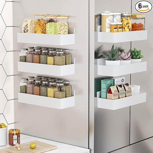 Mystozer Magnetic Spice Rack for Refrigerator, Kitchen Organizer and Storage Shelf, White (6 Pack)…