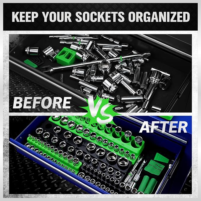 Magnetic Socket Organizer Holder Tool: 8PCS Set includes 2PCS 1/4", 4PCS 3/8", 2PCS 1/2" Drive Socket Storage Trays Toolboxs, Holding 199 Slots Soft Rubber Covering Black Green (sockets not included)