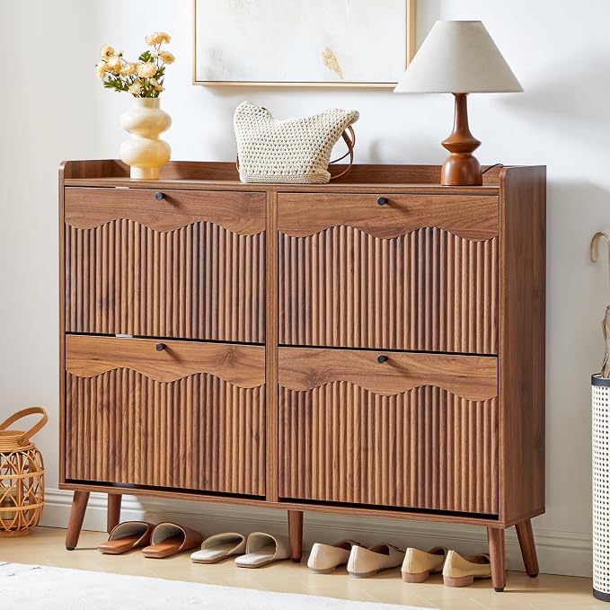 BERRYMERRY 47.2” Wide Shoe Storage Cabinet for Entryway with 4 Flip Drawers | narrow,entryway,adjustable feet,32 pairs shoe,shoe organize,hidden shoe rack,fluted panel,wave pattern,wood,space saving