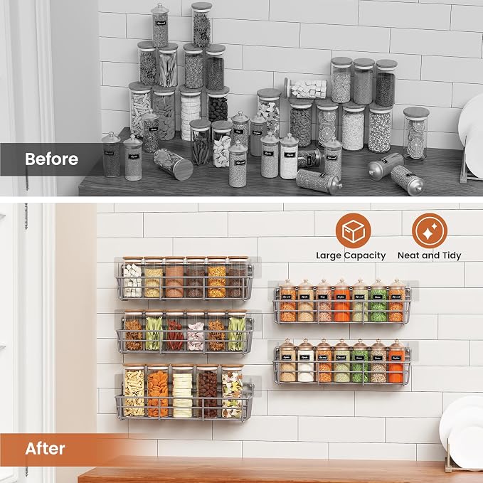 Mystozer 5 Pack Spice Rack Seasoning Organizer Wall Mount, Spice Storage Spice Rack Organizer Pantry Door Organizer Screw or Adhesive Hanging Shelf Basket Spice Organizer Shelf for Kitchen (Gray)