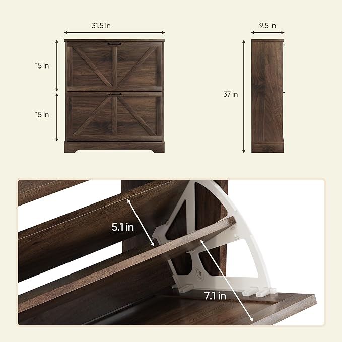 Semiocthome Farmhouse Shoe Storage Cabinet with 2 Flip Drawers, 31.5"(W) Freestanding Shoe Organizer with Barn Door and Metal Handles for Entryway, Corner Rustic Narrow Shoe Rack Cabinet - Walnut
