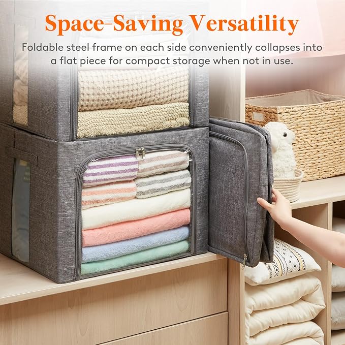 Lifewit Clothes Storage Bins with Metal Frame, Stackable Storage Box, Foldable Clothing Storage Bins with Lids, 100L Storage Bags Fabric Box Organizer with Clear Window＆ Zippers＆ Sturdy Handles 4 Pack