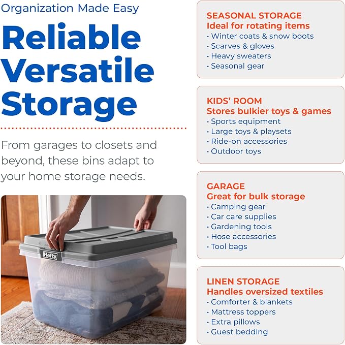 Hefty 72 Qt Hi-Rise Storage Bin with Lid, Stackable Plastic Storage Container, Organizer for Home, Garage & Closet, 6 Pack, Gray
