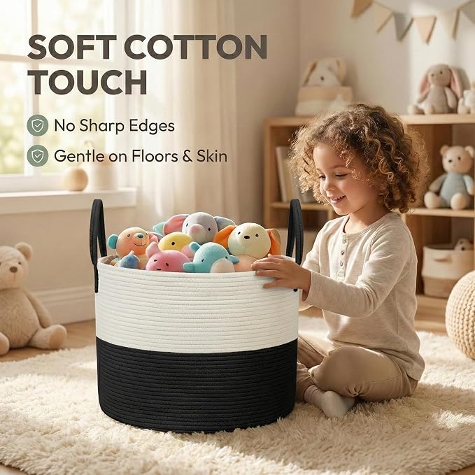 JMvicyroam 65L Extra Large Machine Washable Cotton Rope Blanket Basket | Collapsible laundry hamper, Reinforced handles, For blankets, pillows, toys and clothes, Living room and bedroom, White&Black