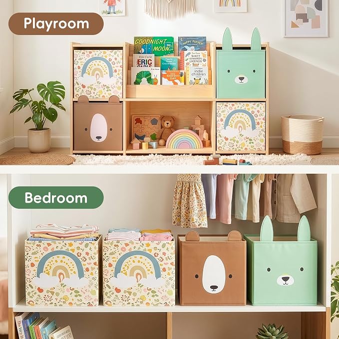 OOOK 4 Pack Foldable Fabric Storage Bins, 11.4" x 10.6" x 11.8" | Storage Box and Closet Organizers for Bedroom, Nursery, Shelves & Cube Storage Shelving Units (Bear, Rabbit, Rainbow Pattern)