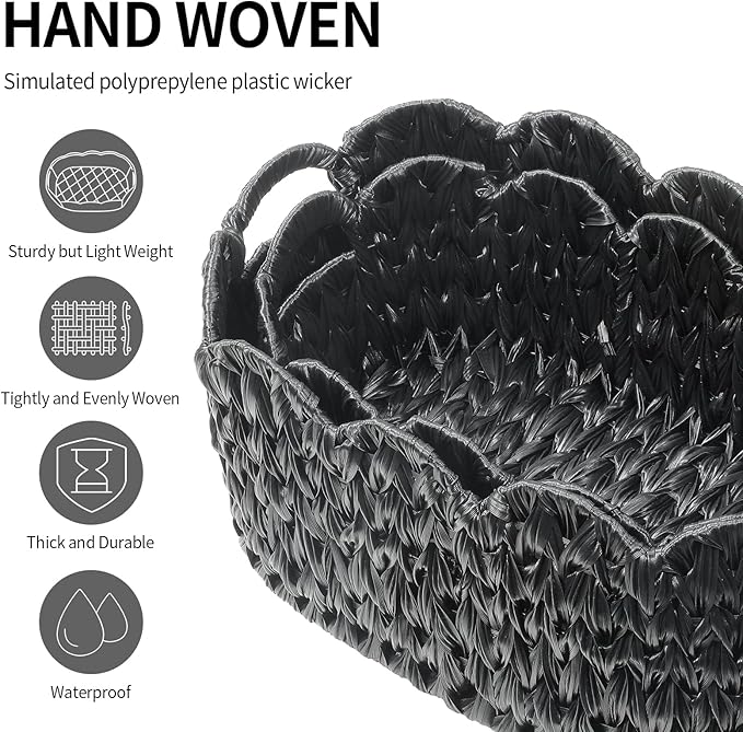 Coeusy Wicker Scalloped Basket Set of 2,Woven Storage Baskets for Shelves,Closet,Laundry,Gift,Towels,Books,Toys,Waterproof Decor Basket for Organizing,Black Oval
