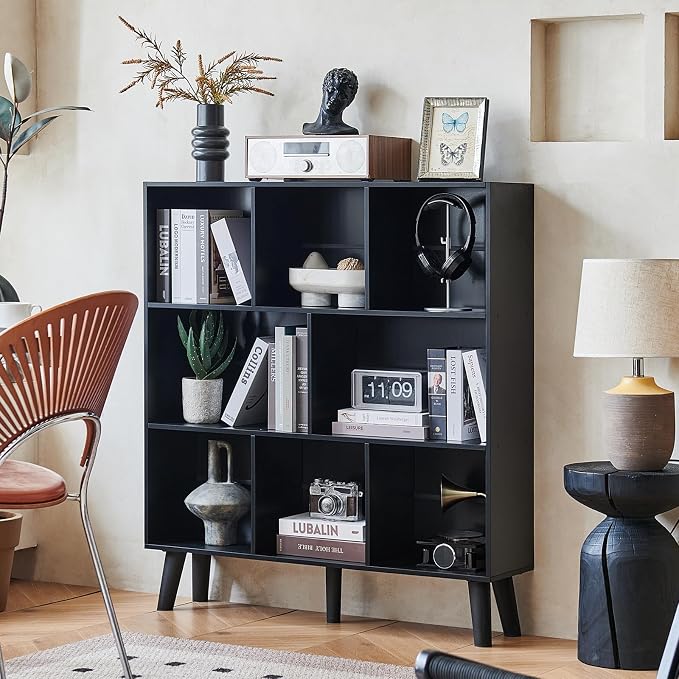 LEYAOYAO 8 Cube Bookshelf,Mid-Century Modern Book Shelf with Legs, Black | 3 Tier Bookcase, Rustic Wood Bookshelves Freestanding Large Storage Organizer, Open Shelves for Bedroom, Living Room, Office